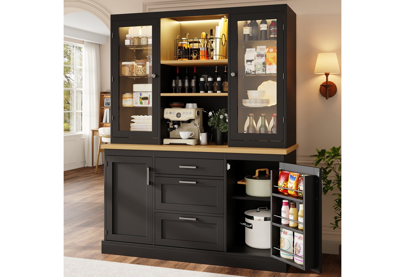 Flieks Küchenbuffet mit LED-Beleuchtung, verstellbarer Glaseinlegeböden und Arbeitsplatte (1-St., B140/T40/H185 cm) Hochschrank Küchenschrank Glasvitrine in Landhausstil Schwarz Bild 3
