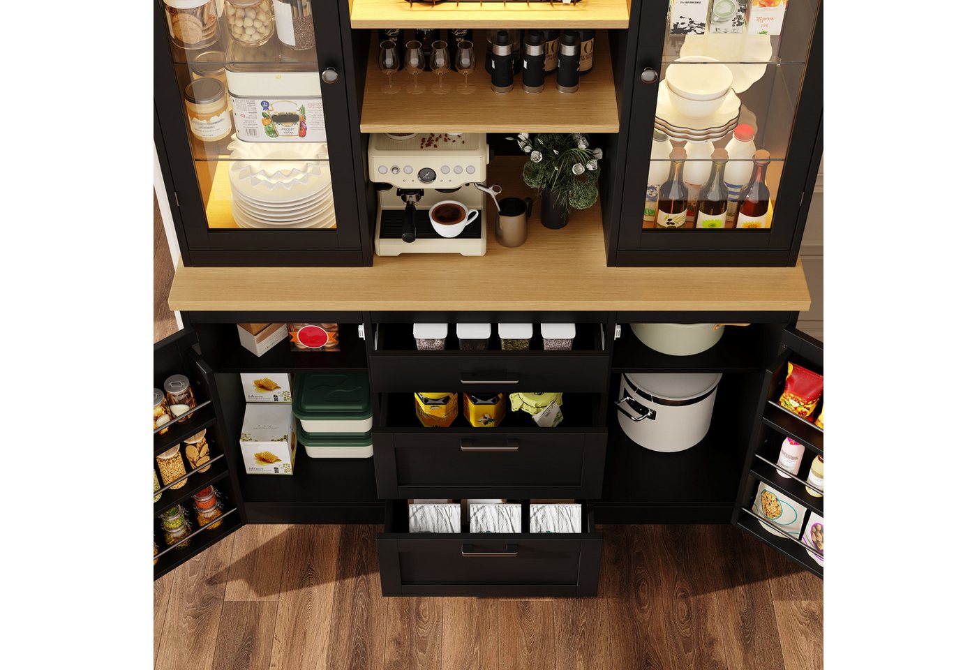 Flieks Küchenbuffet mit LED-Beleuchtung, verstellbarer Glaseinlegeböden und Arbeitsplatte (1-St., B140/T40/H185 cm) Hochschrank Küchenschrank Glasvitrine in Landhausstil Schwarz Bild 4