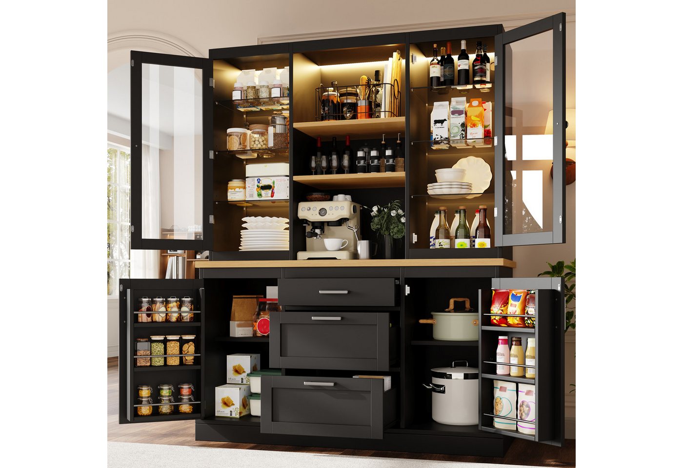 Flieks Küchenbuffet mit LED-Beleuchtung, verstellbarer Glaseinlegeböden und Arbeitsplatte (1-St., B140/T40/H185 cm) Hochschrank Küchenschrank Glasvitrine in Landhausstil Schwarz Bild 5