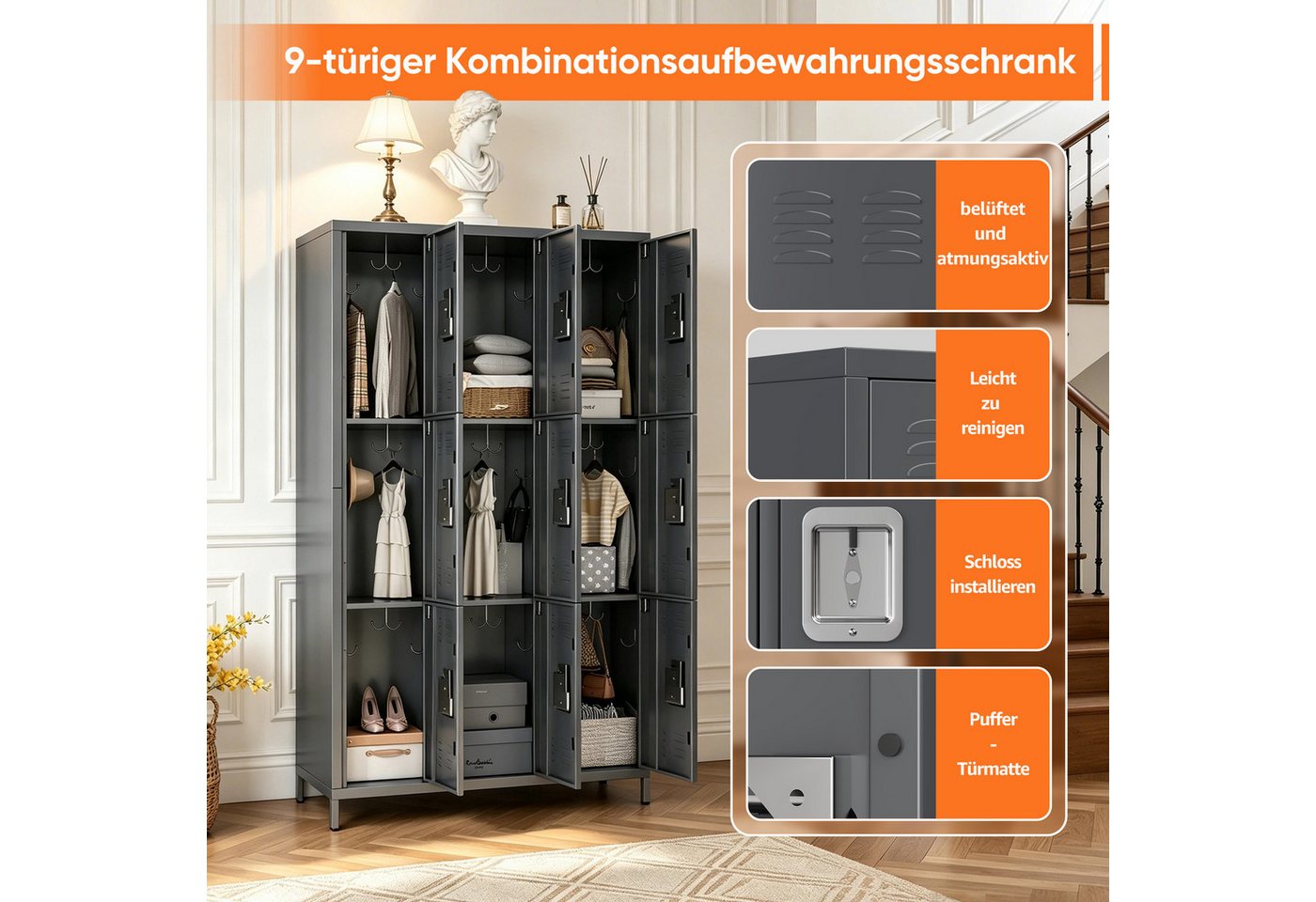 AOBABO Mehrzweckschrank mit Haken, geeignet für Schulen, Fitnessstudios (1-St) Metallschrank mit 9 Türen, 90x40x183cm Bild 2