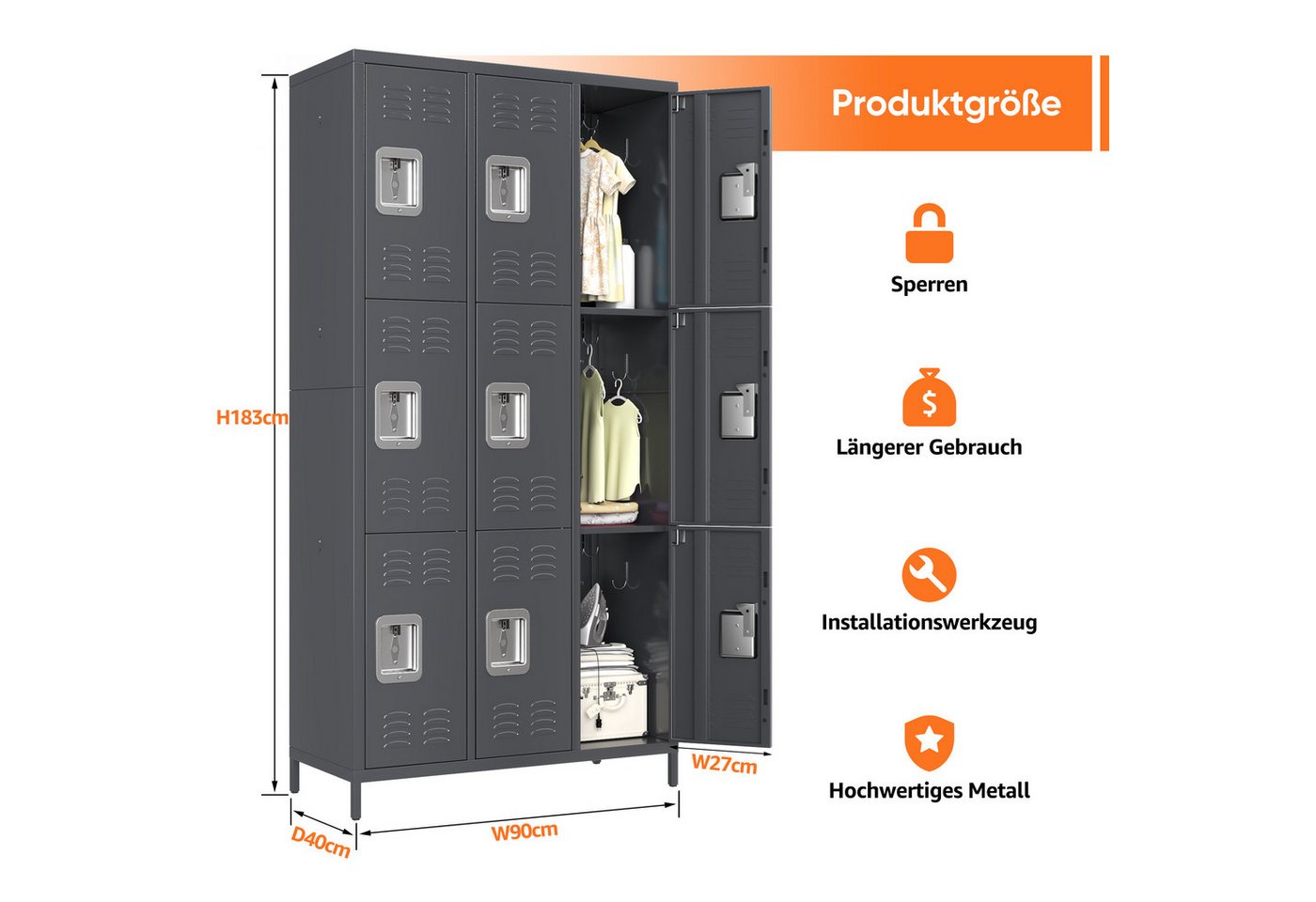 AOBABO Mehrzweckschrank mit Haken, geeignet für Schulen, Fitnessstudios (1-St) Metallschrank mit 9 Türen, 90x40x183cm Bild 3