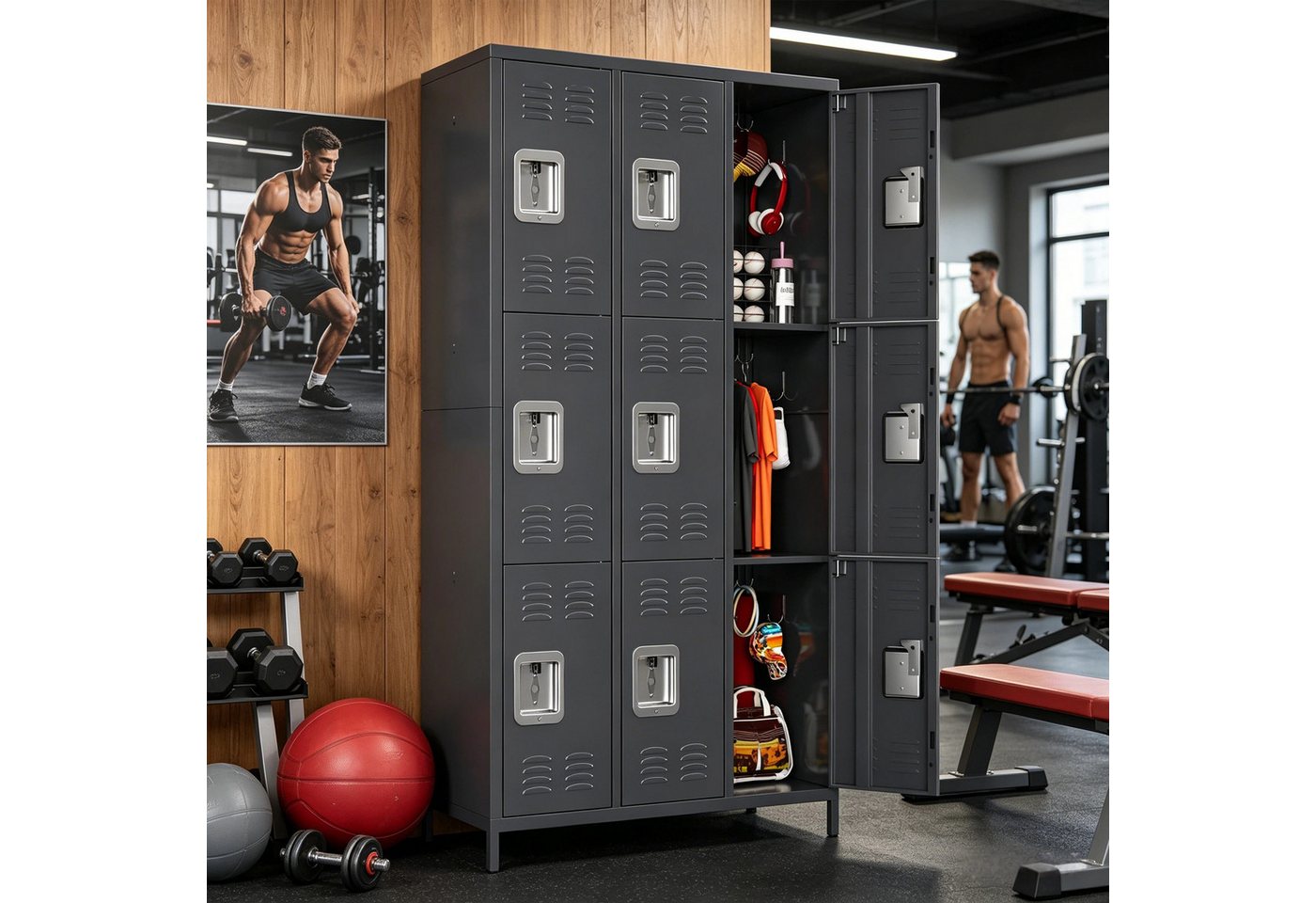 AOBABO Mehrzweckschrank mit Haken, geeignet für Schulen, Fitnessstudios (1-St) Metallschrank mit 9 Türen, 90x40x183cm Bild 5