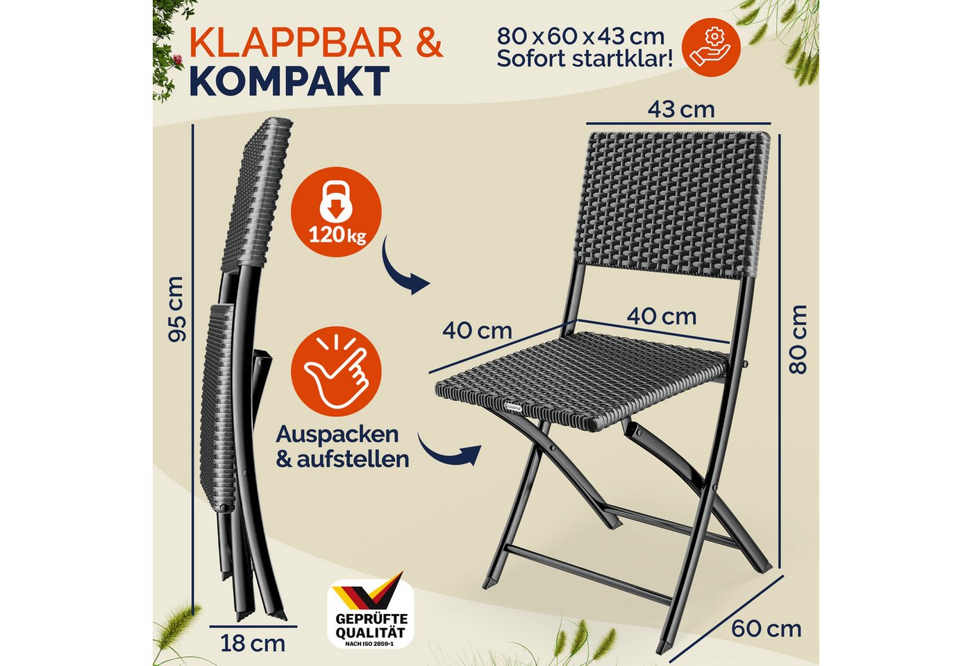 Casaria Klappstuhl, Polyrattan 2er Set 120kg Belastbarkeit Platzsparend Klappbar Leicht Bild 2
