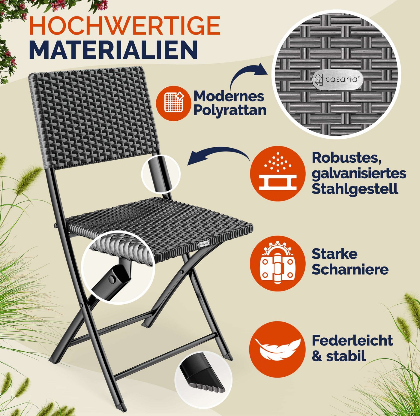 Casaria Klappstuhl, Polyrattan 2er Set 120kg Belastbarkeit Platzsparend Klappbar Leicht Bild 5