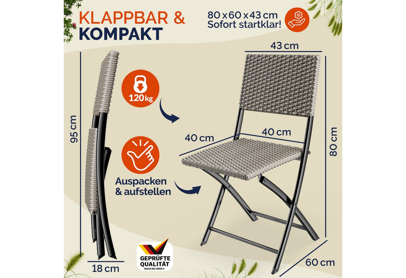 Casaria Klappstuhl, Polyrattan 4er Set 120kg Belastbarkeit Platzsparend Klappbar Leicht