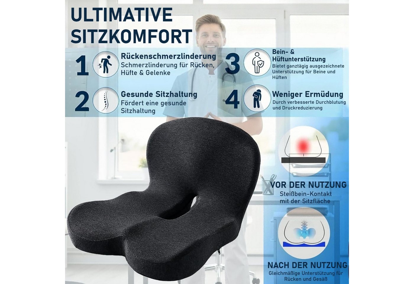 wohnTRAUM24 Sitzkissen Sitzkissen Memory Foam Sitzkissen für Büroangestellte Autofahrer, Schaum Lindert Rückenschmerzen Sitzring Steißbein Entlastung Bild 3