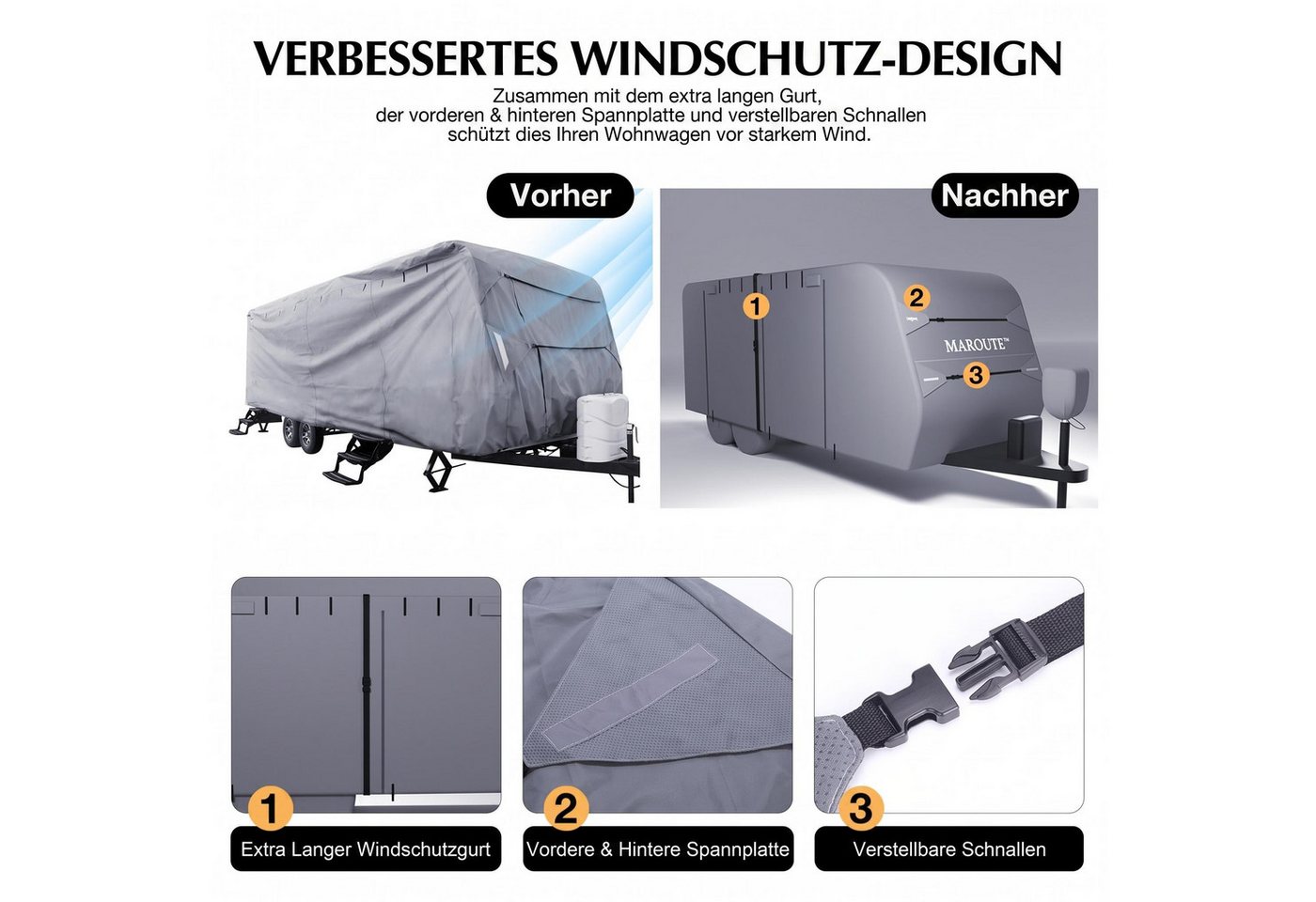 GarveeMore Wohnmobilschutzhülle Wohnwagen Abdeckung, 820/927×264×277 cm, grau, 5-lagig, wasserdicht, Anti-UV, winddicht, atmungsaktiv