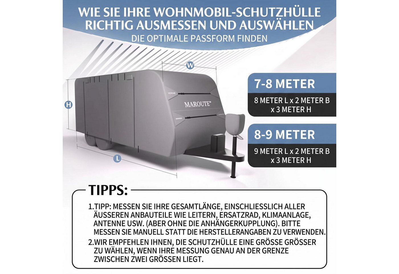 GarveeMore Wohnmobilschutzhülle Wohnwagen Abdeckung, 820/927×264×277 cm, grau, 5-lagig, wasserdicht, Anti-UV, winddicht, atmungsaktiv Bild 4