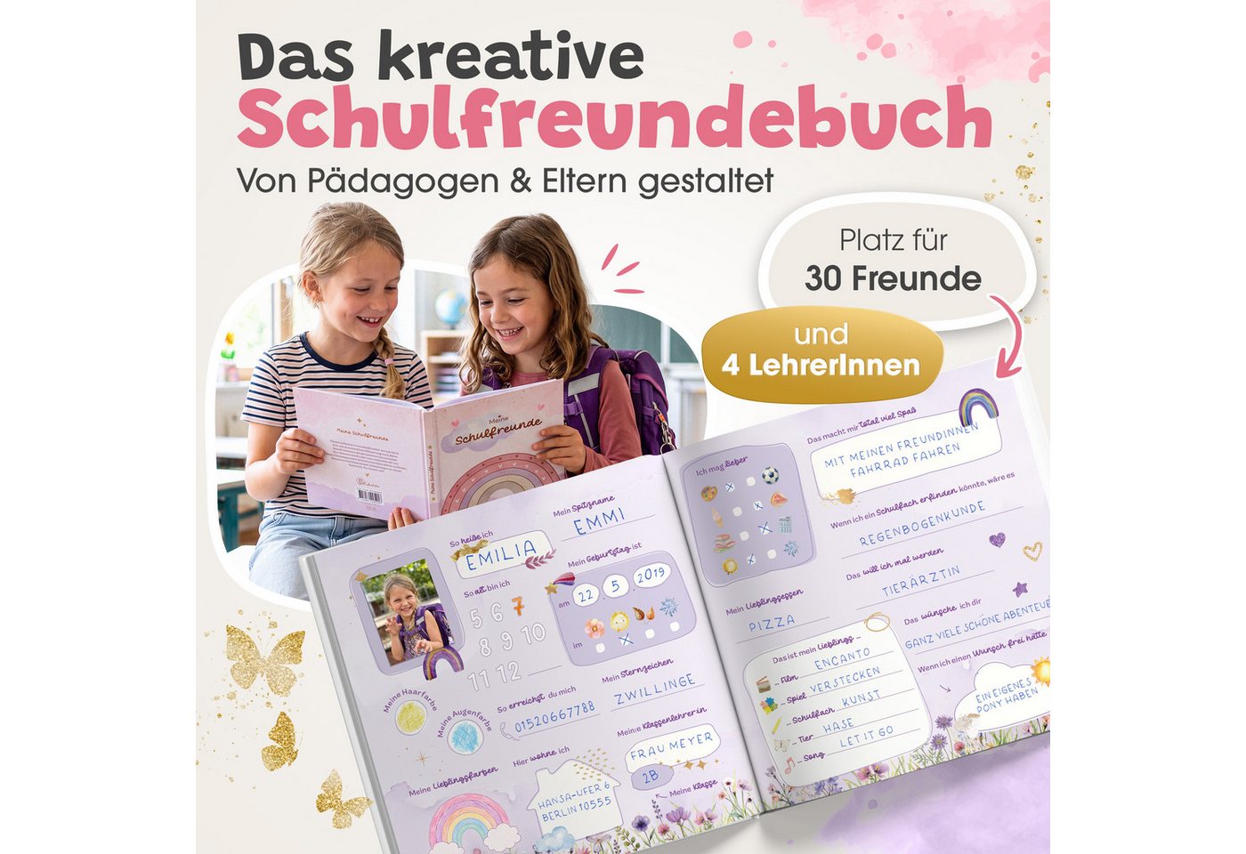 Eulentaler Freundebuch für Mädchen (Schule) I von Pädagogen gestaltet, Regenbögen, Blumen & Goldprägung, Geschenk für Schulkinder Bild 2