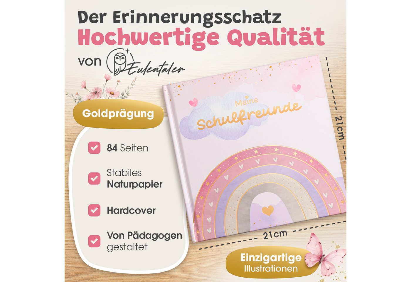 Eulentaler Freundebuch für Mädchen (Schule) I von Pädagogen gestaltet, Regenbögen, Blumen & Goldprägung, Geschenk für Schulkinder Bild 4
