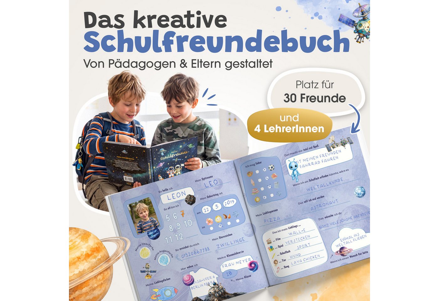 Eulentaler Freundebuch für Jungs & Mädchen (Schule) I von Pädagogen gestaltet, Astronauten, Raketen & Goldprägung, Geschenk für Schulkinder