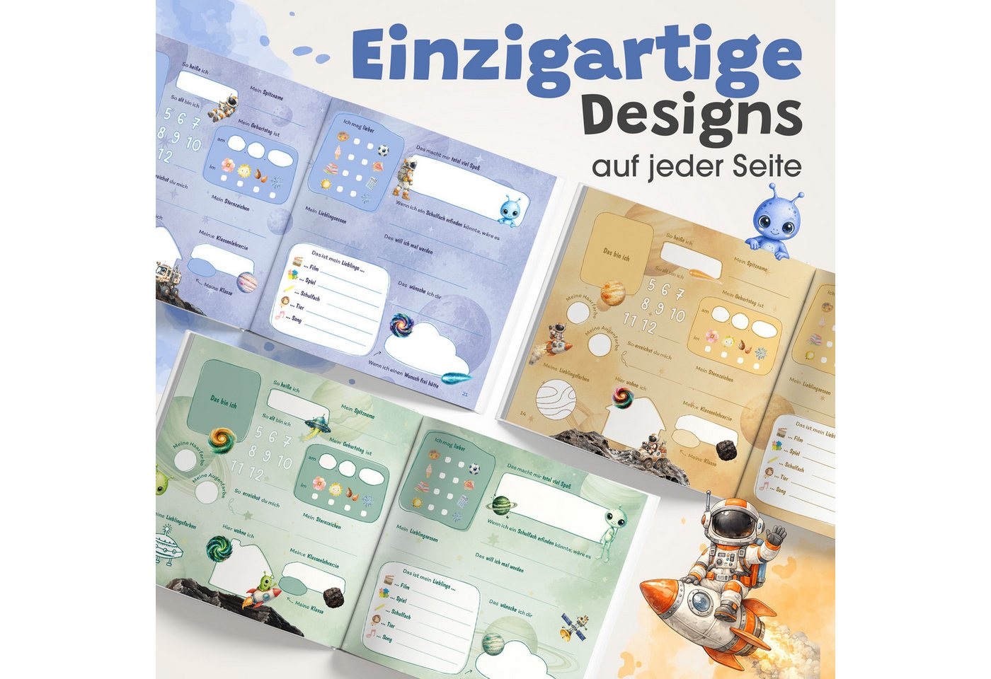 Eulentaler Freundebuch für Jungs & Mädchen (Schule) I von Pädagogen gestaltet, Astronauten, Raketen & Goldprägung, Geschenk für Schulkinder Bild 2