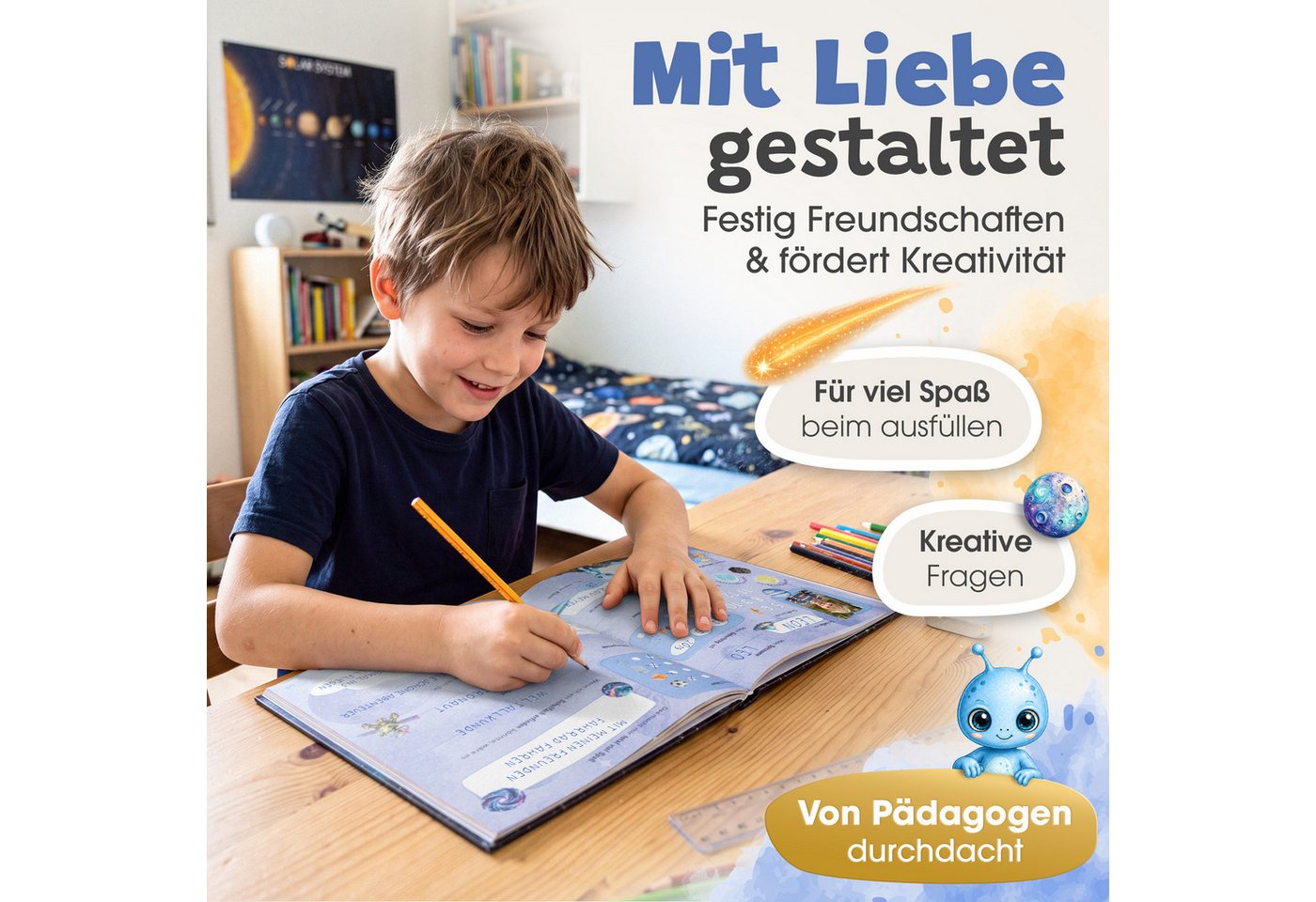 Eulentaler Freundebuch für Jungs & Mädchen (Schule) I von Pädagogen gestaltet, Astronauten, Raketen & Goldprägung, Geschenk für Schulkinder Bild 3