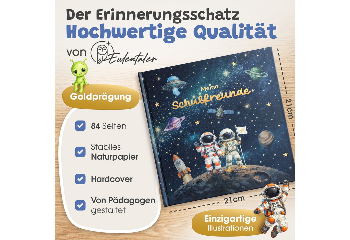 Eulentaler Freundebuch für Jungs & Mädchen (Schule) I von Pädagogen gestaltet, Astronauten, Raketen & Goldprägung, Geschenk für Schulkinder Bild 5