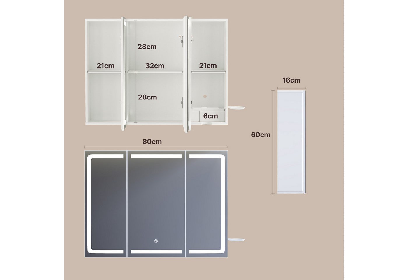 Bealife Spiegelschrank Badezimmerschrank mit LED-Beleuchtung, B:80/100/120CM mit Haartrockner-Halter