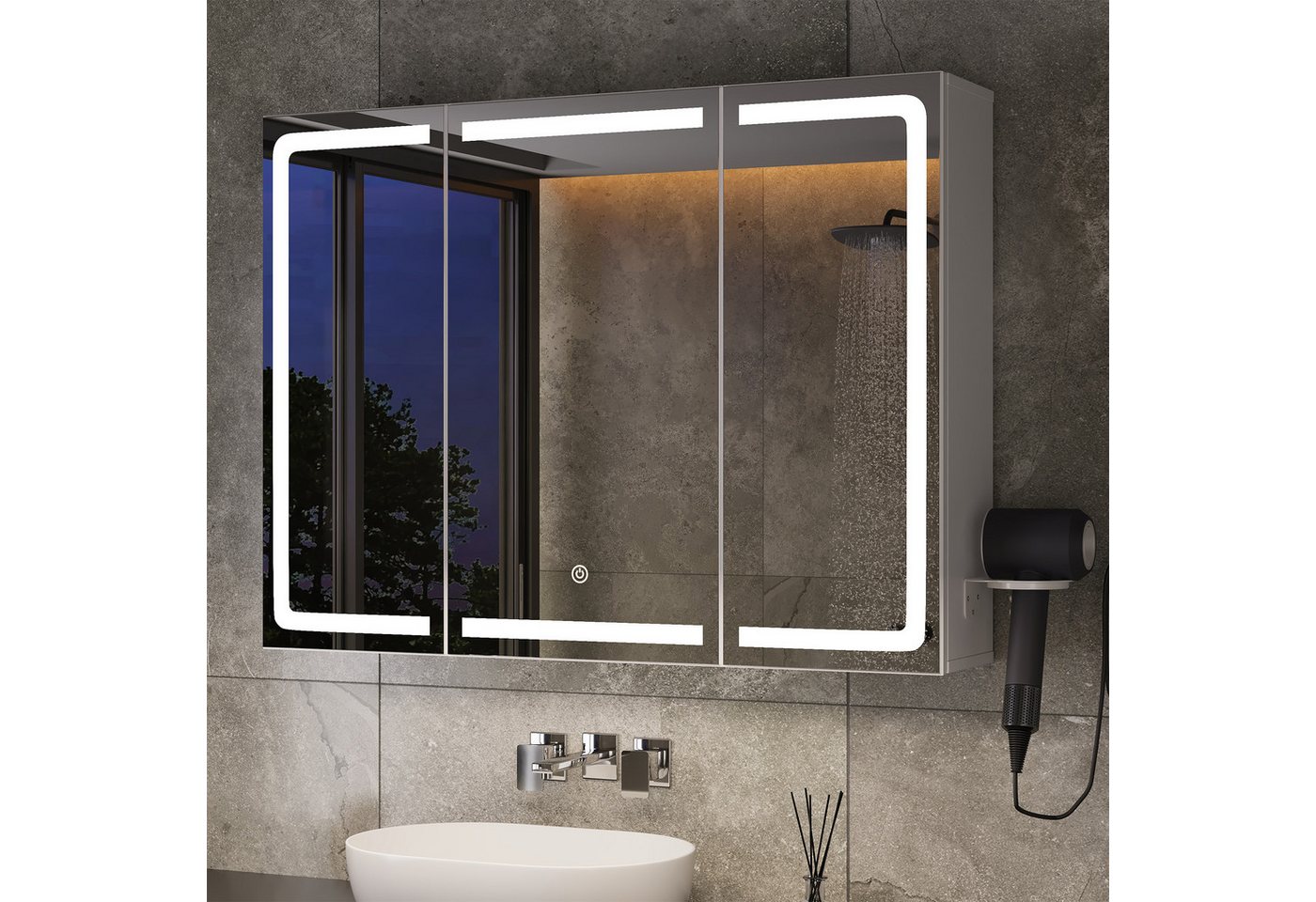 Bealife Spiegelschrank Badezimmerschrank mit LED-Beleuchtung, B:80/100/120CM mit Haartrockner-Halter Bild 2