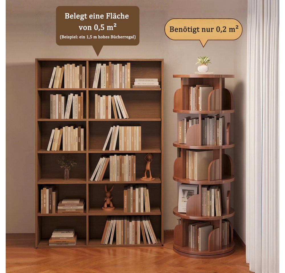 BBG Bücherturm Drehbares Bücherregal mit 5 Ebenen, 360° Drehfunktion, platzsparendes Standregal aus MDF, Bücherregal-Turm