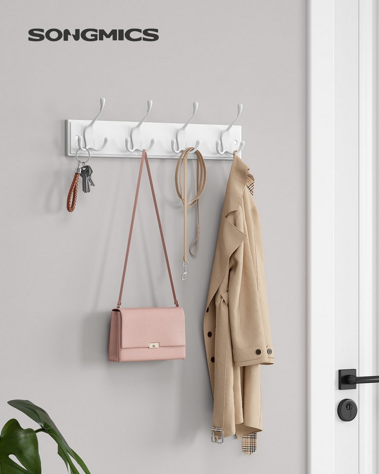 SONGMICS Wandgarderobe Garderobenleiste, Hakenleiste für Kleidung, Taschen, vormontiert, weiß (1er Set), 4 Dreifach-Kleiderhaken, 40 x 11 x 7 cm (L x B x H)