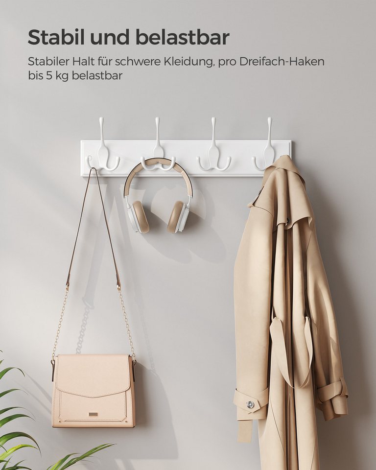 SONGMICS Wandgarderobe Garderobenleiste, Hakenleiste für Kleidung, Taschen, vormontiert, weiß (1er Set), 4 Dreifach-Kleiderhaken, 40 x 11 x 7 cm (L x B x H) Bild 2