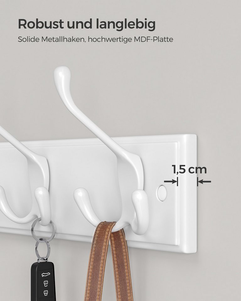 SONGMICS Wandgarderobe Garderobenleiste, Hakenleiste für Kleidung, Taschen, vormontiert, weiß (1er Set), 4 Dreifach-Kleiderhaken, 40 x 11 x 7 cm (L x B x H) Bild 4