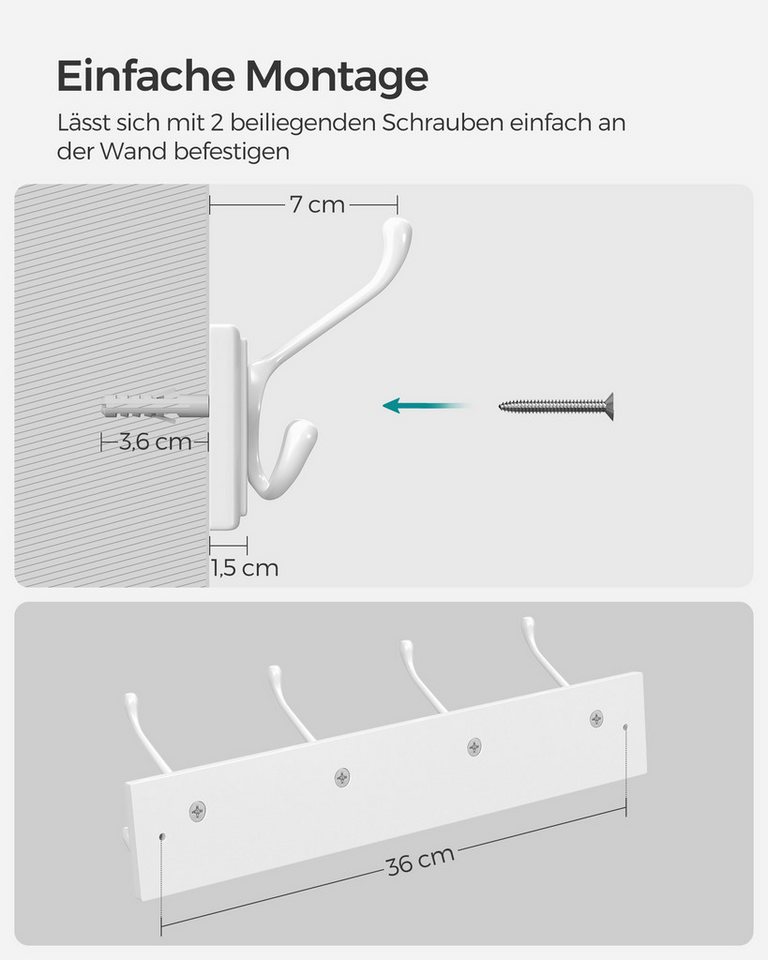 SONGMICS Wandgarderobe Garderobenleiste, Hakenleiste für Kleidung, Taschen, vormontiert, weiß (1er Set), 4 Dreifach-Kleiderhaken, 40 x 11 x 7 cm (L x B x H) Bild 5