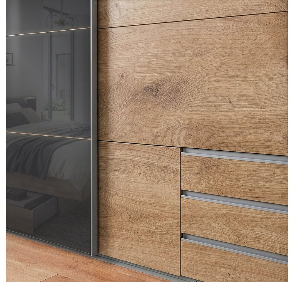 Lomadox Schwebetürenschrank VIESTE-43 Kleiderschrank, 270cm breit, mit Schubladen, graphit mit Eiche