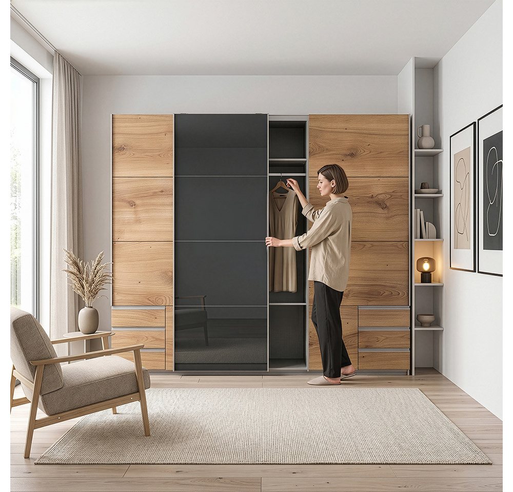 Lomadox Schwebetürenschrank VIESTE-43 Kleiderschrank, 270cm breit, mit Schubladen, graphit mit Eiche Bild 4