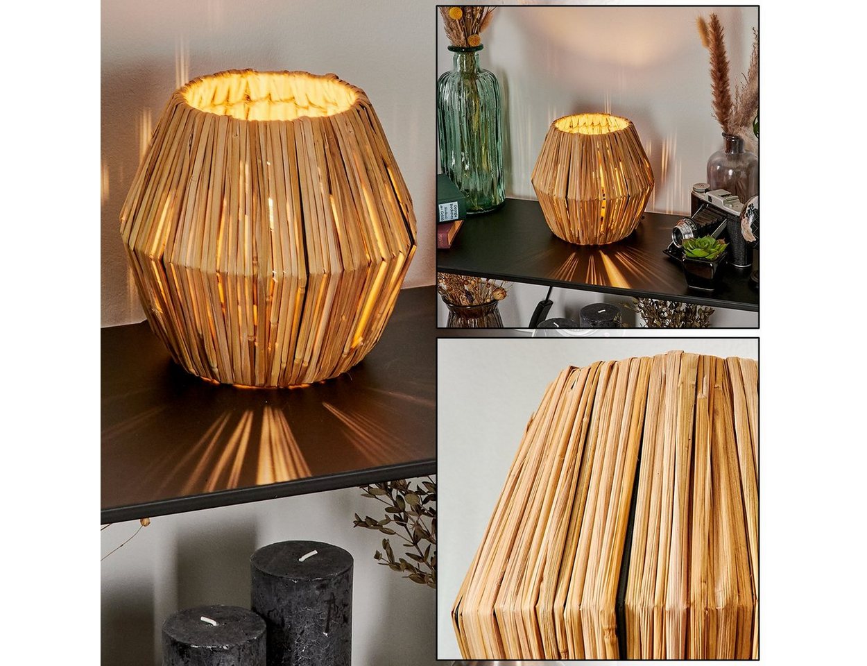 hofstein Tischleuchte moderne Boho Tischlampe aus Metall/Rattan in Schwarz/Natur, ohne Leuchtmittel, Nachttischlampe An-/Ausschalter, Lichteffekt, 1xE14, ohne Leuchtmittel Bild 4