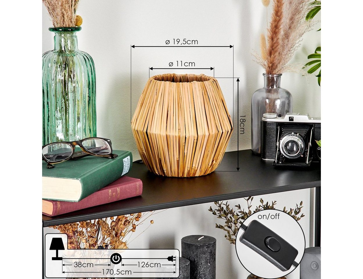hofstein Tischleuchte moderne Boho Tischlampe aus Metall/Rattan in Schwarz/Natur, ohne Leuchtmittel, Nachttischlampe An-/Ausschalter, Lichteffekt, 1xE14, ohne Leuchtmittel Bild 5