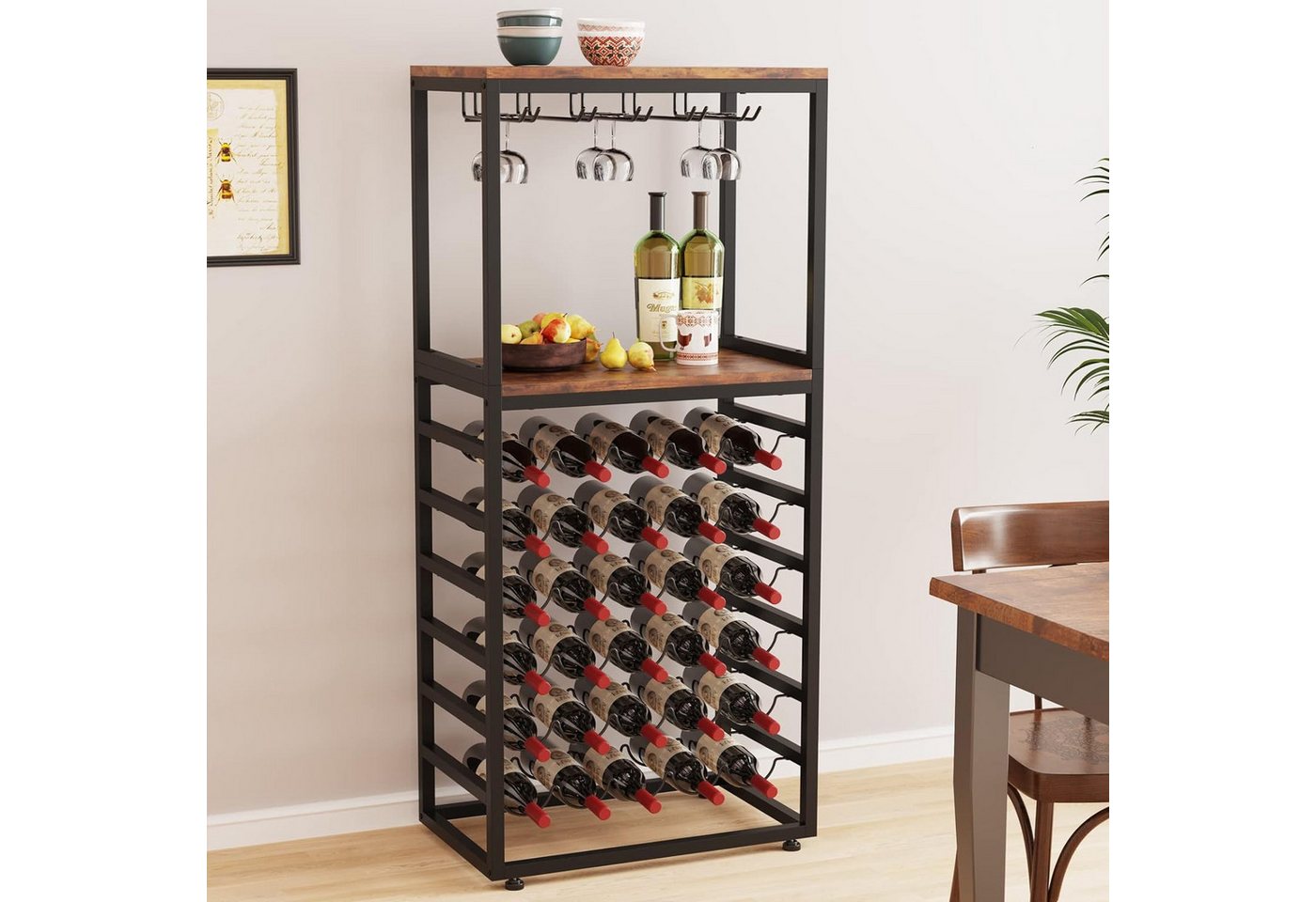 OUNUO Weinregal 6 Etagen Flaschenregal für 30 Flaschen mit Glashalter und Tischplatte