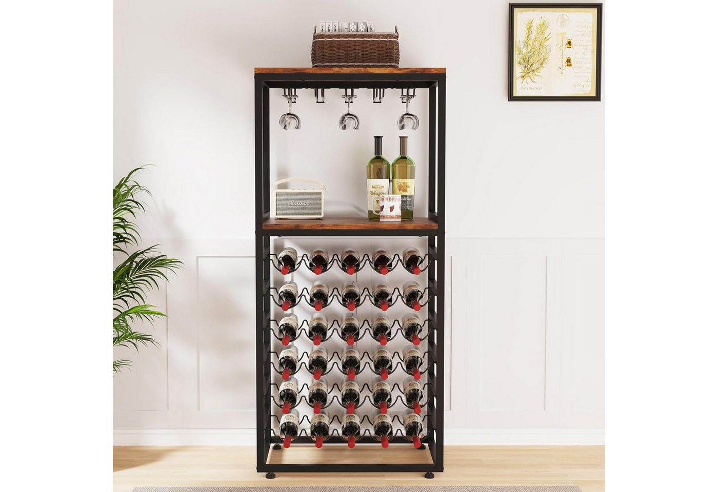 OUNUO Weinregal 6 Etagen Flaschenregal für 30 Flaschen mit Glashalter und Tischplatte Bild 2