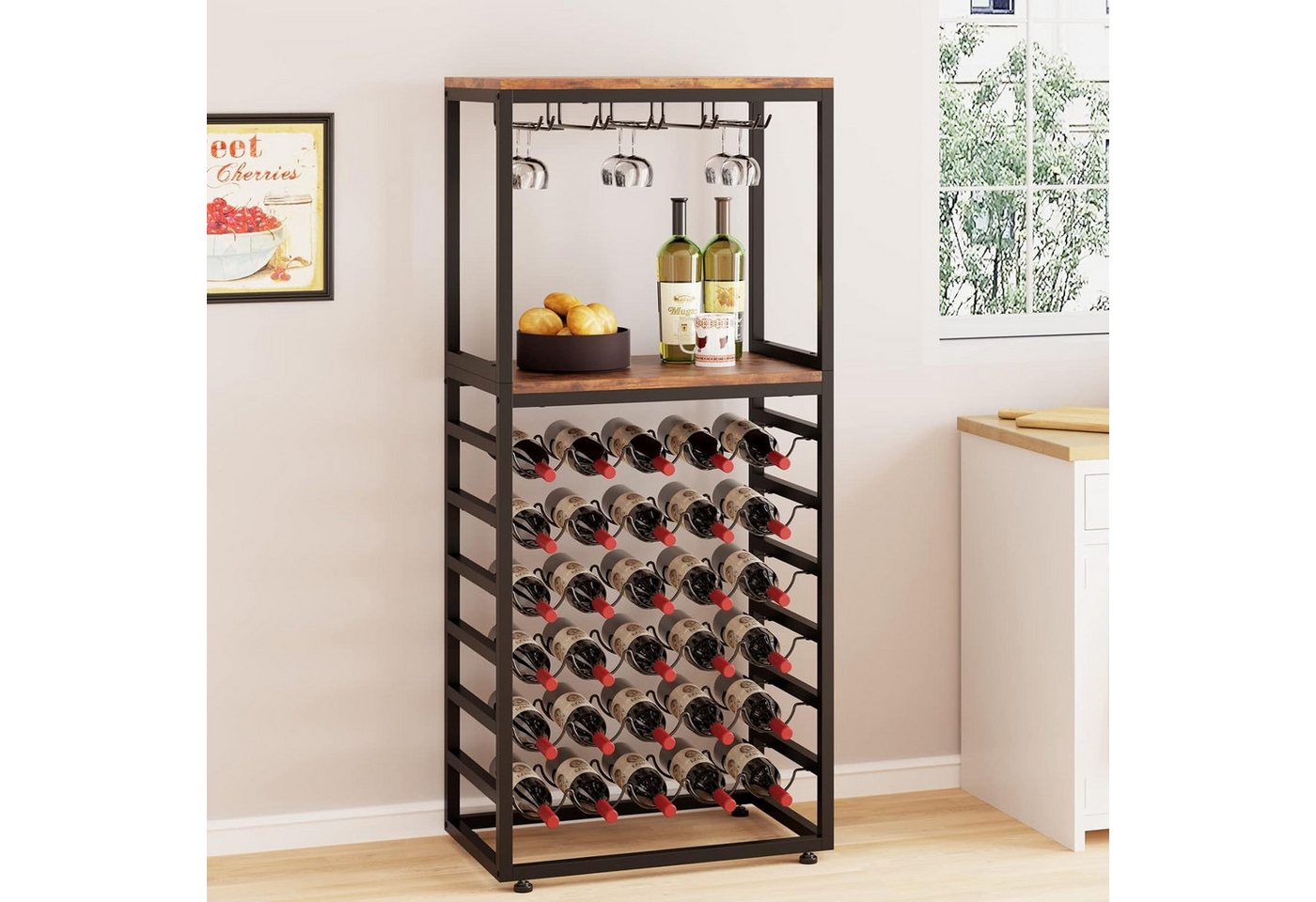 OUNUO Weinregal 6 Etagen Flaschenregal für 30 Flaschen mit Glashalter und Tischplatte Bild 3