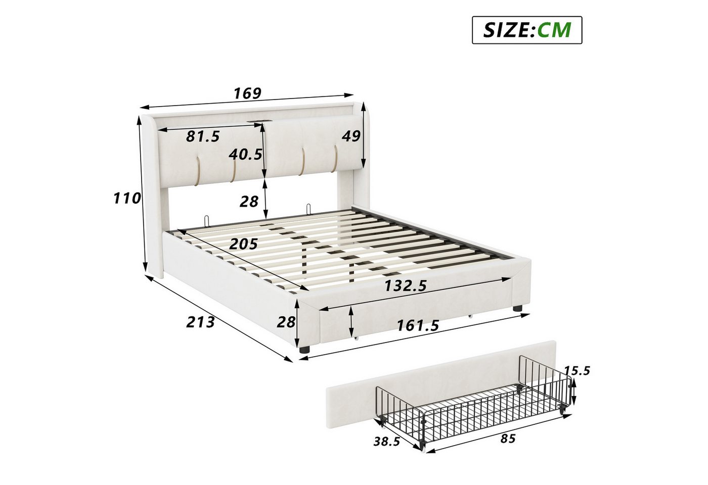 PXloue Polsterbett LED Doppelbett, Kopfteil mit Stauraum,Schubladen,Bettkasten,Samt,160x200 cm