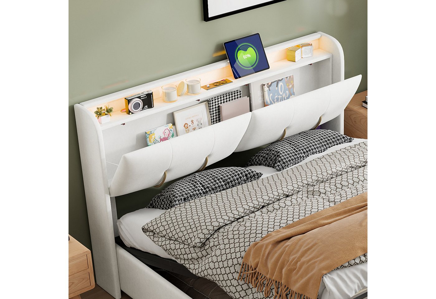PXloue Polsterbett LED Doppelbett, Kopfteil mit Stauraum,Schubladen,Bettkasten,Samt,160x200 cm Bild 2