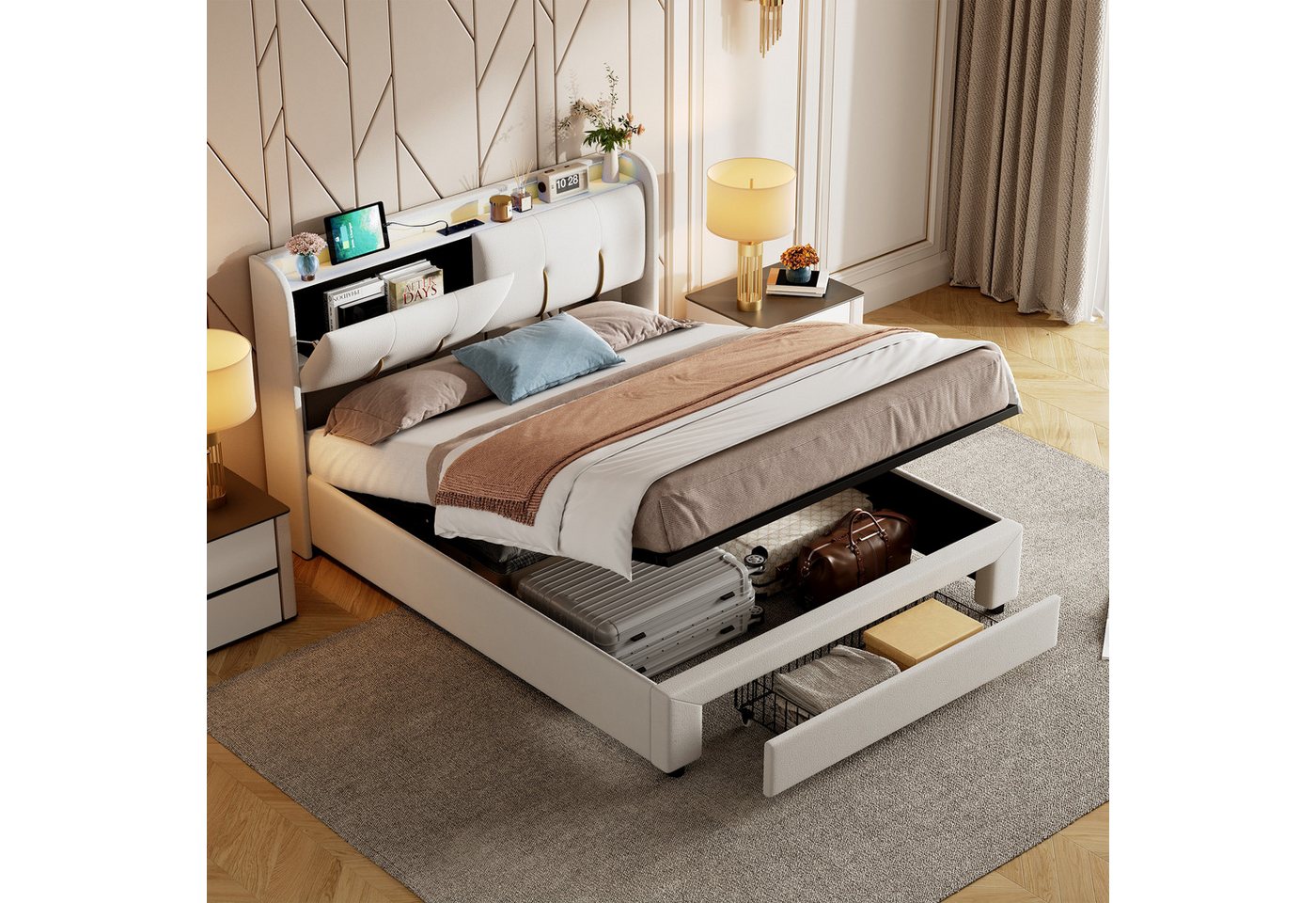 PXloue Polsterbett LED Doppelbett, Kopfteil mit Stauraum,Schubladen,Bettkasten,Samt,160x200 cm Bild 3