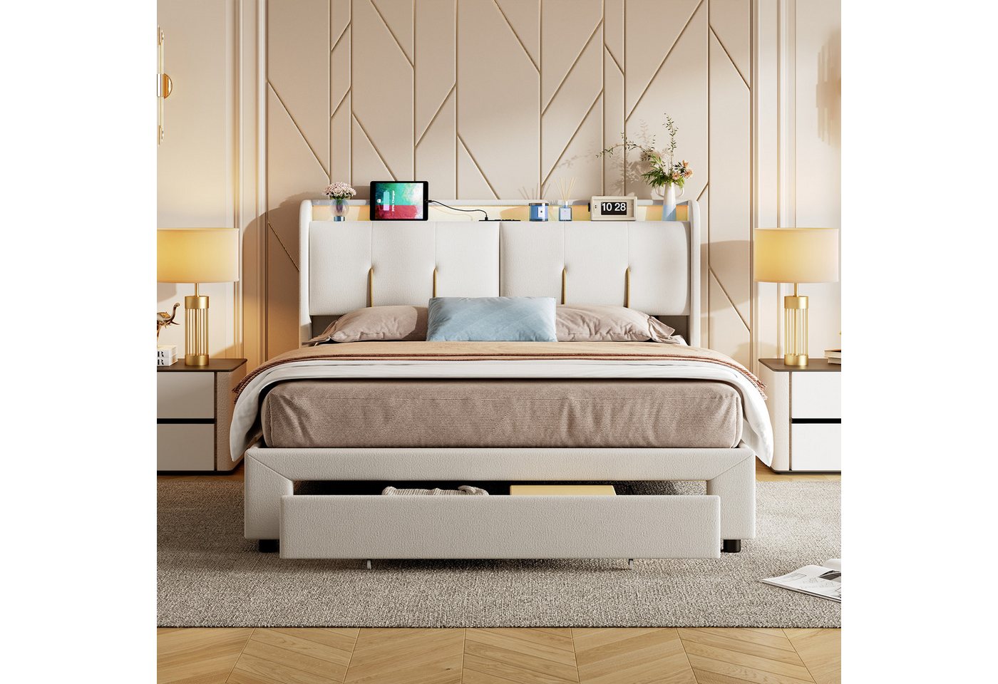 PXloue Polsterbett LED Doppelbett, Kopfteil mit Stauraum,Schubladen,Bettkasten,Samt,160x200 cm Bild 5