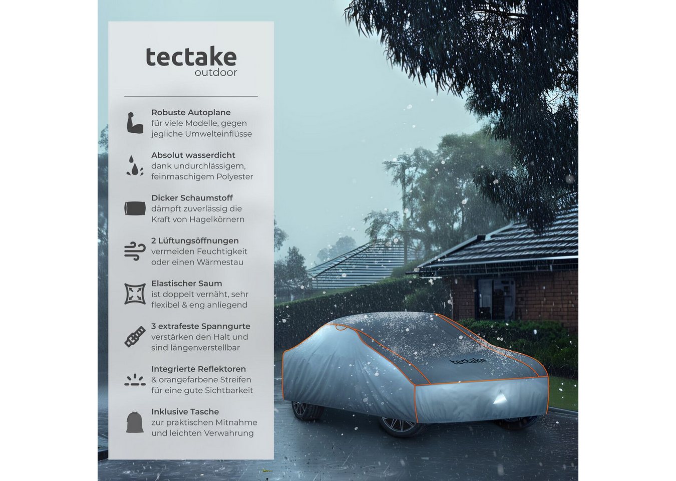 tectake Hagelschutzplane Autoabdeckung, inkl. Aufbewahrungstasche, mit 4 mm (Hagelschutzdecke, in grau), Wasserdicht und atmungsaktiv, 3 längenverstellbare Spanngurte