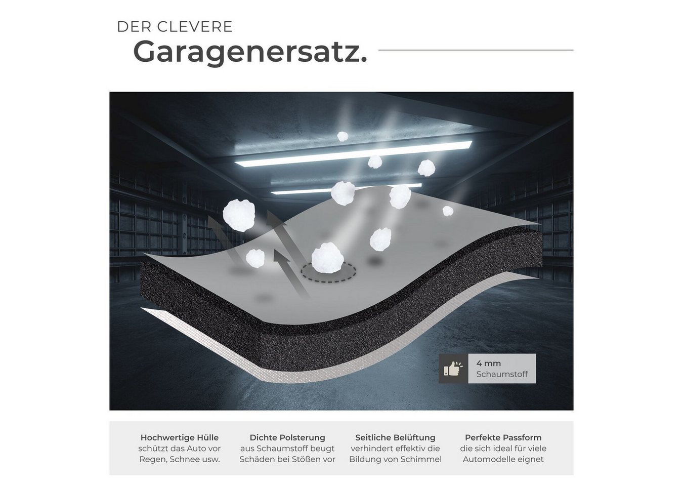 tectake Hagelschutzplane Autoabdeckung, inkl. Aufbewahrungstasche, mit 4 mm (Hagelschutzdecke, in grau), Wasserdicht und atmungsaktiv, 3 längenverstellbare Spanngurte Bild 2