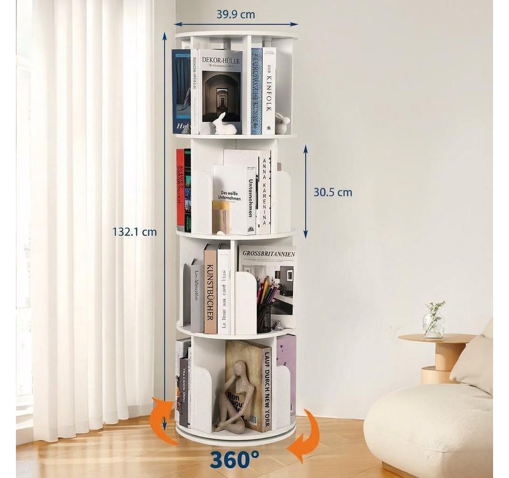 GarveeMore Bücherregal 360° drehbar mit 4 Ebenen Standregal 132x40x40cm