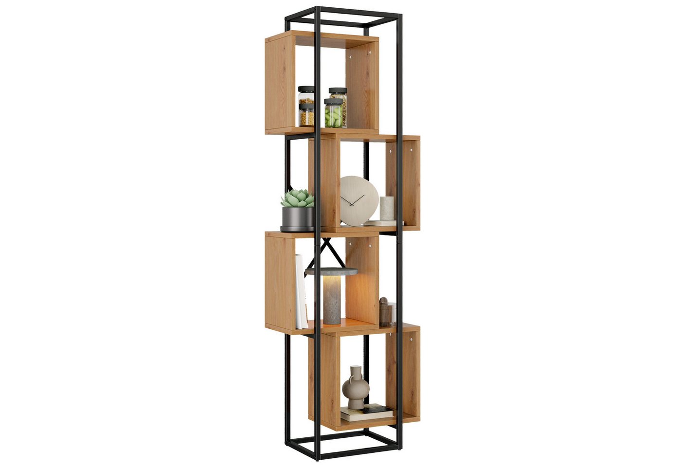 HAUSS SPOLE Bücherregal mit 4 Offenen Fächern,Stehregal Metallregal mit MDF-Holz,Schwarz Braun, Standregal aus MDF-Holz in natürlicher Holzoptik, für Wohnzimmer, Arbeitszimmer, Küche oder Büro