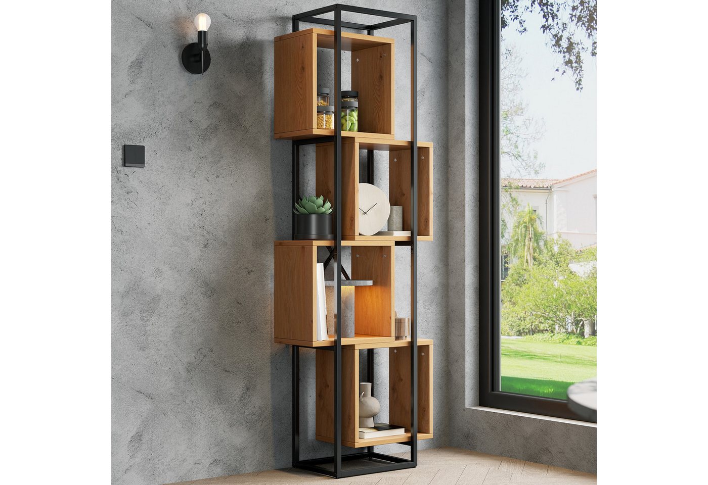 HAUSS SPOLE Bücherregal mit 4 Offenen Fächern,Stehregal Metallregal mit MDF-Holz,Schwarz Braun, Standregal aus MDF-Holz in natürlicher Holzoptik, für Wohnzimmer, Arbeitszimmer, Küche oder Büro Bild 2