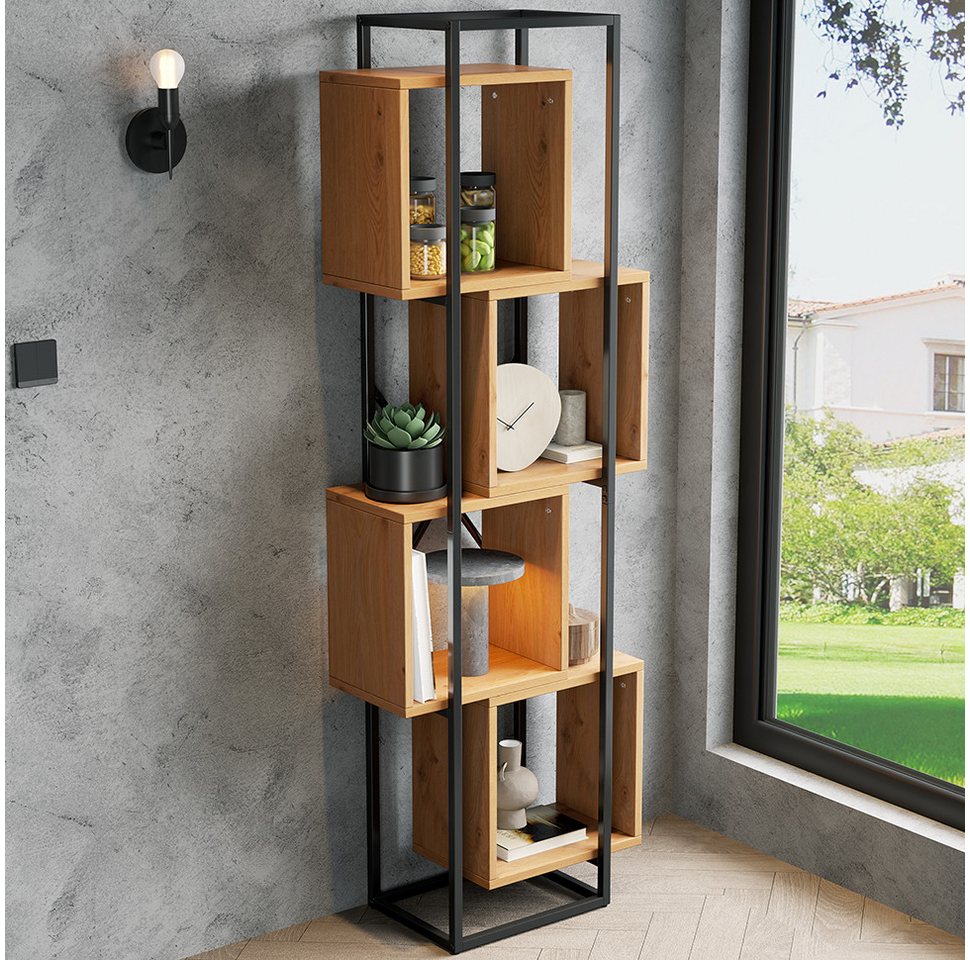 HAUSS SPOLE Bücherregal mit 4 Offenen Fächern,Stehregal Metallregal mit MDF-Holz,Schwarz Braun, Standregal aus MDF-Holz in natürlicher Holzoptik, für Wohnzimmer, Arbeitszimmer, Küche oder Büro Bild 3