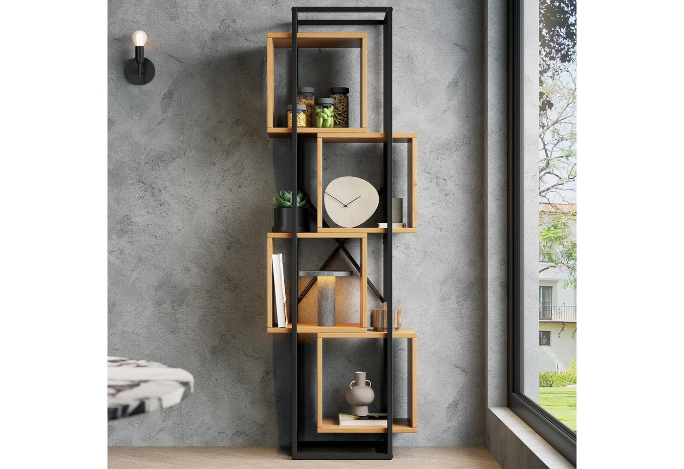 HAUSS SPOLE Bücherregal mit 4 Offenen Fächern,Stehregal Metallregal mit MDF-Holz,Schwarz Braun, Standregal aus MDF-Holz in natürlicher Holzoptik, für Wohnzimmer, Arbeitszimmer, Küche oder Büro Bild 5