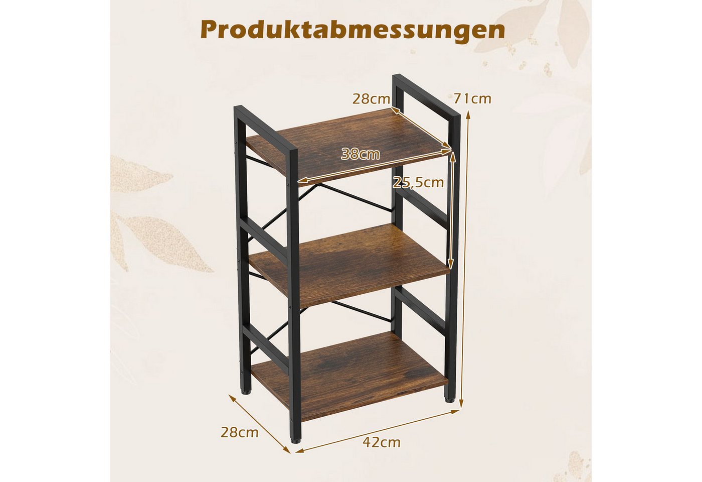 COSTWAY Bücherregal, 3 stöckiges Standregal mit Metallrahmen & Anti-Kipp-Sets