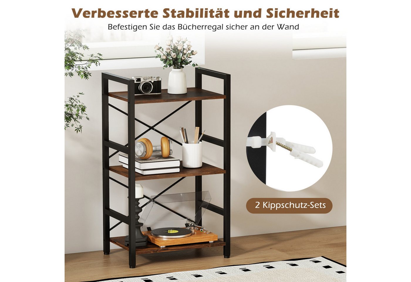COSTWAY Bücherregal, 3 stöckiges Standregal mit Metallrahmen & Anti-Kipp-Sets Bild 4