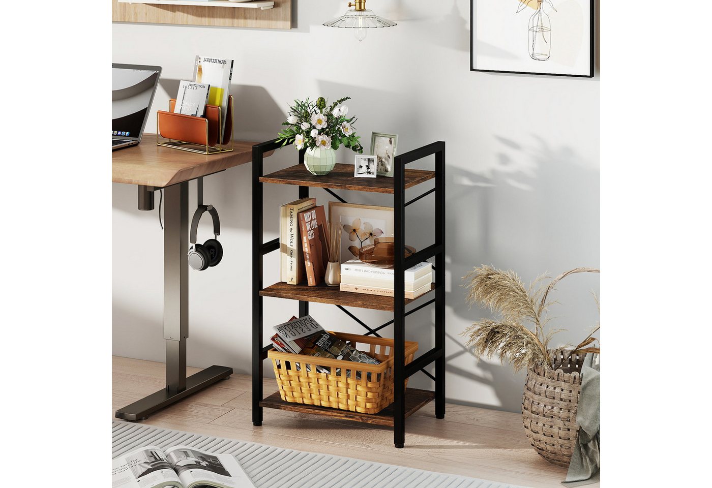 COSTWAY Bücherregal, 3 stöckiges Standregal mit Metallrahmen & Anti-Kipp-Sets Bild 5