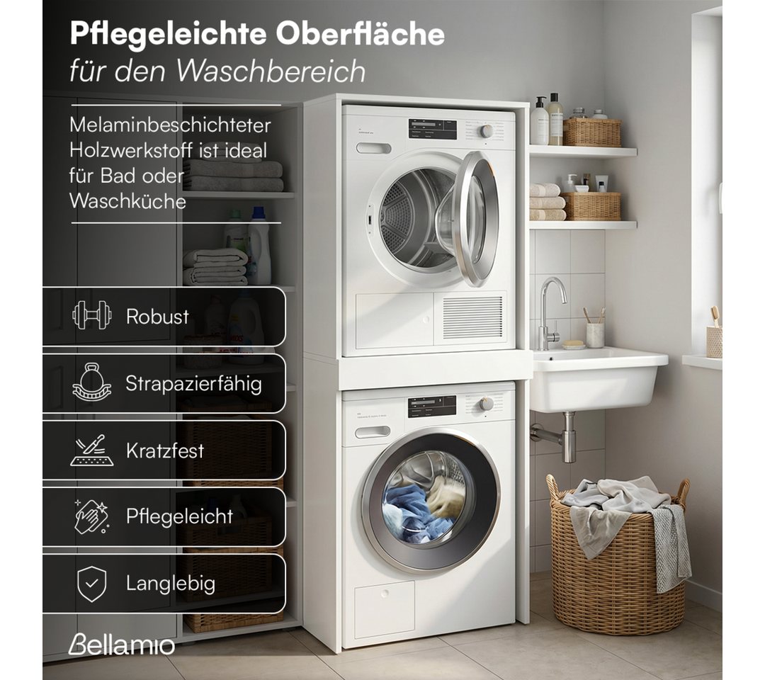 Bellamio Waschmaschinenumbauschrank Vist, Waschturm für Waschmaschine & Trockner mit ausziehbarer Ablage (187 x 65 x 66 cm (HxTxB), weiß) Hochschrank kompatibel mit Standardgeräten, mit Wandanschluss
