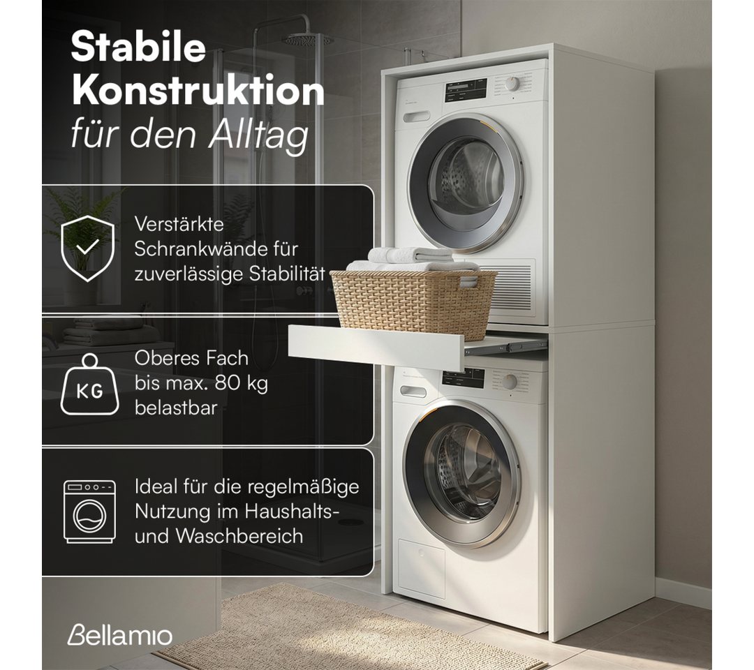 Bellamio Waschmaschinenumbauschrank Vist, Waschturm für Waschmaschine & Trockner mit ausziehbarer Ablage (187 x 65 x 66 cm (HxTxB), weiß) Hochschrank kompatibel mit Standardgeräten, mit Wandanschluss Bild 2