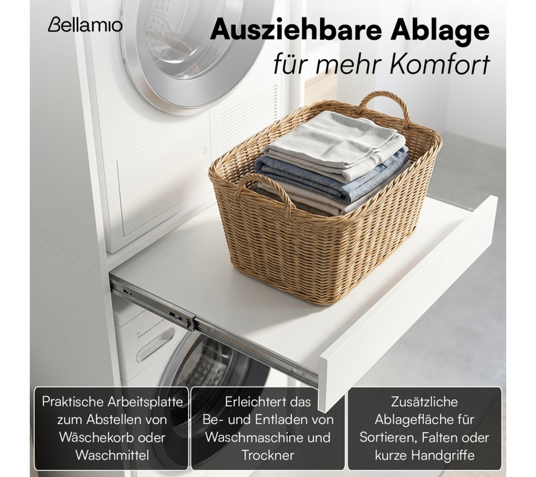 Bellamio Waschmaschinenumbauschrank Vist, Waschturm für Waschmaschine & Trockner mit ausziehbarer Ablage (187 x 65 x 66 cm (HxTxB), weiß) Hochschrank kompatibel mit Standardgeräten, mit Wandanschluss Bild 3