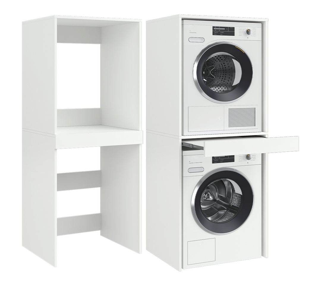 Bellamio Waschmaschinenumbauschrank Vist, Waschturm für Waschmaschine & Trockner mit ausziehbarer Ablage (187 x 65 x 66 cm (HxTxB), weiß) Hochschrank kompatibel mit Standardgeräten, mit Wandanschluss Bild 4